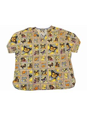 White Swan Scrub Top Medium Yellow Butterfly Print V-Neck w/Front Pockets